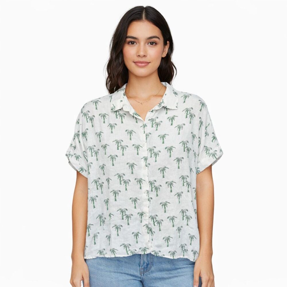 C&C California Shirt Womens Medium White Palm Tree Print Linen Button Front Top